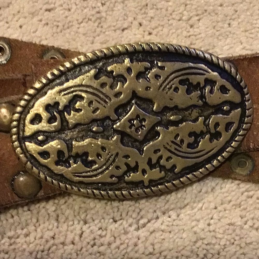 Vintage Leather Western Brown Studded Belt with Ornate Buckle - Picture 3 of 7
